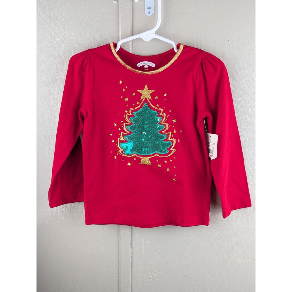 Holiday Time Girls 24M Red Christmas Tree Sequin Long Sleeve Tee Gold Trim NWT